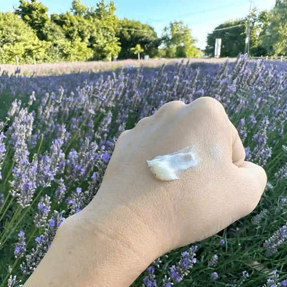 Applying a finger portion of Lavender Hand Cream to showcase its texture, set against the backdrop of a purple lavender field at Lavender Farm, NZ.