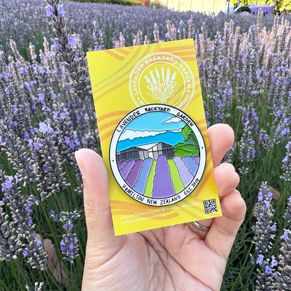 Close-up view of a lavender field fridge magnet designed in New Zealand, featuring vibrant lavender blooms against a purple lavender field backdrop.