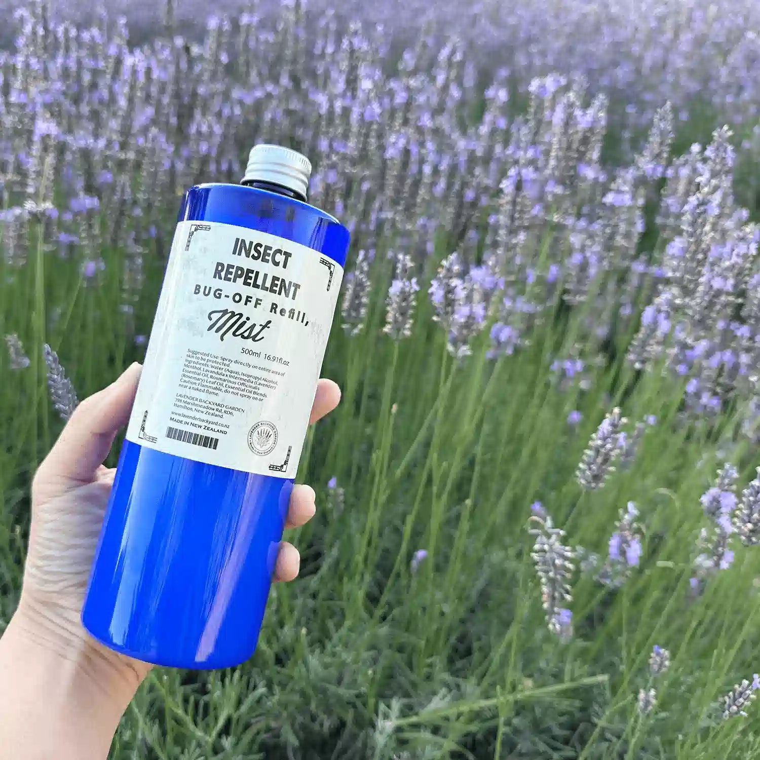 Best Insect Repellent with Essential Oils 500ml refill bottle held against a purple field of lavender flowers at Lavender Backyard Garden, NZ.