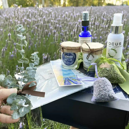 Calming Sleep Gift Set for Him or Dad displayed against a vibrant purple lavender field, showcasing items like Lavender Essential Oil Pillow Mist, Focus Aromatherapy Spray, Lavender Pillow Sachet, Dried Lavender Sachet, Eucalyptus Rosemary Sachet, Lavender Votive Candle, Focus Lavender Rosemary Candle, a small bundle of dried eucalyptus, and a Lavender Field Bookmark.