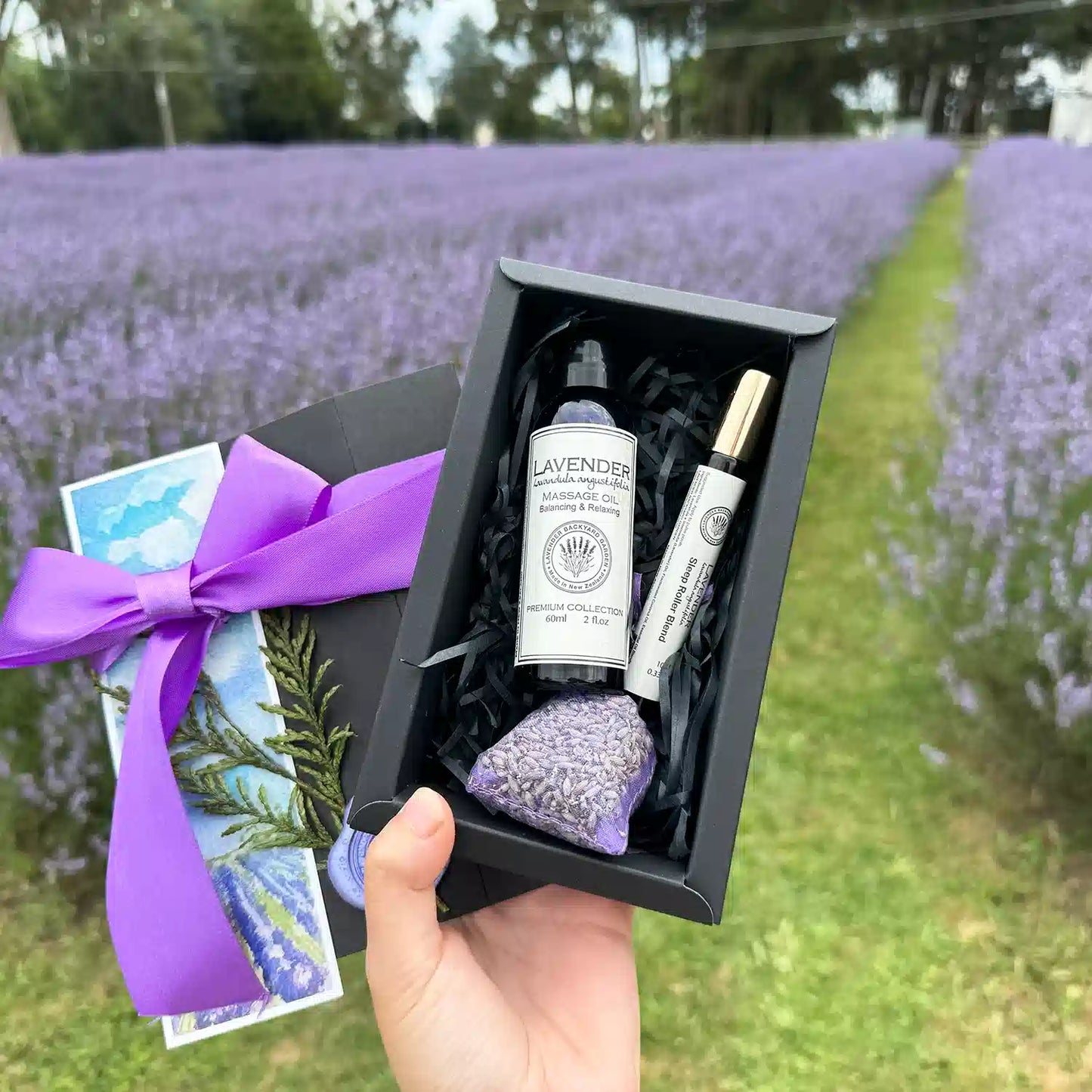 Caring Get Well Lavender Gift Set featuring Sweet Dream Lavender Sleep Roller Blends, Lavender Massage Oil, Dried Lavender Sachet, and Lavender Field Bookmark against a serene backdrop of purple lavender blooms at Lavender Backyard Garden, NZ.