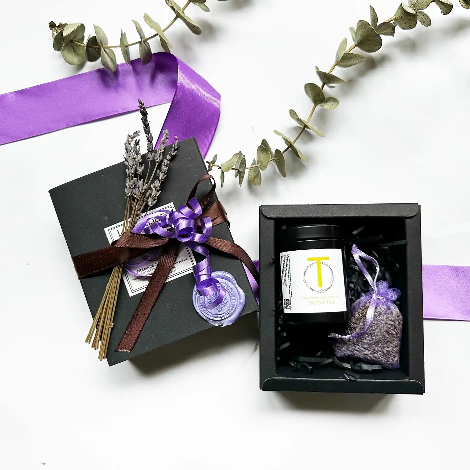 Cheap but Cute Teacher Gift set, featuring Lavender & Camomile Herbal Tea (Travel Mini), Dried Lavender Sachet, and Mini Dried Lavender Flowers, wrapped with a brown ribbon.