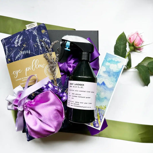 Cherish Women Gift Sets for Every Occasion featuring Organic Flaxseed Lavender Eye Pillow, Luxury Satin Lavender Sachet Bag, Lavender Linen Sprays in various scents (Smoky Lavender, Earthy Lavender, Woody Lavender, Amber Lavender), Mini Dried Lavender Flowers, and Lavender Field Bookmark, beautifully arranged in a gift box.