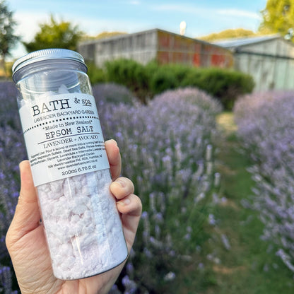 Close-up view of Lavender Epsom Bath Soak against blooming lavender rows, with a farm shed in the background at Lavender Backyard Garden, NZ.