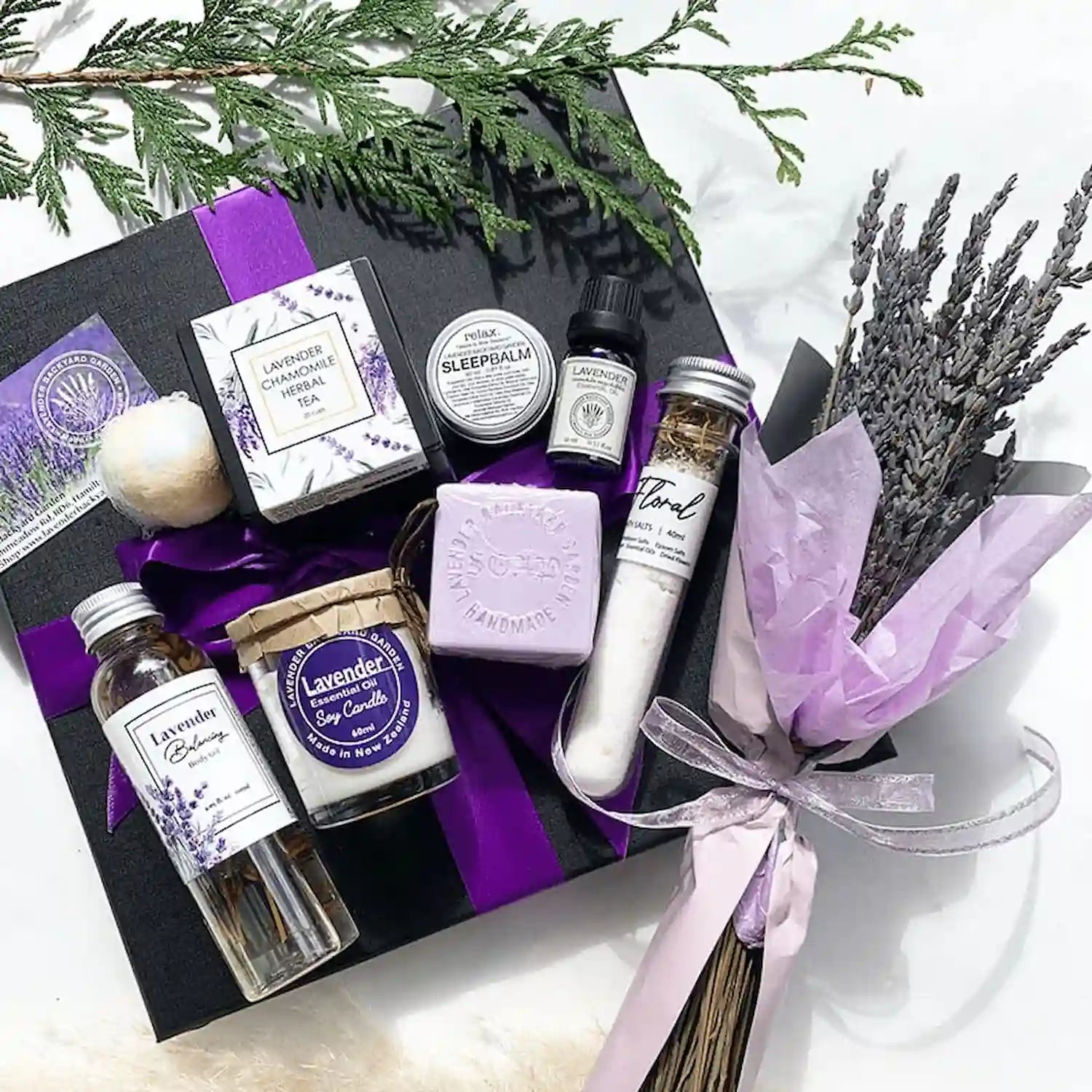 Happy Mother's Day Flowers & Gift Set, large gift box, featuring lavender products such as dried flower bouquet, bath salts, soy candles, body oil, handmade soap, sleep aid, lavender essential oil, bath products, and chamomile herbal tea from NZ lavender farm