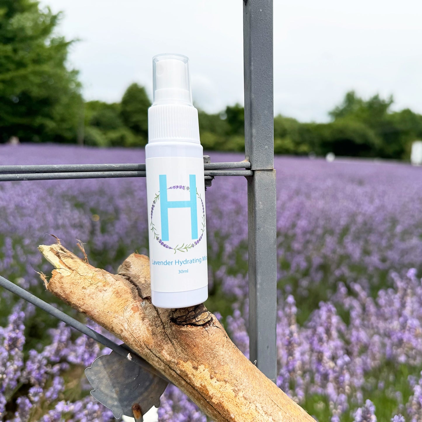 A bottle of lavender face toner placed on a piece of wood, set against the background of a vibrant lavender field at Lavender Backyard Garden in New Zealand.