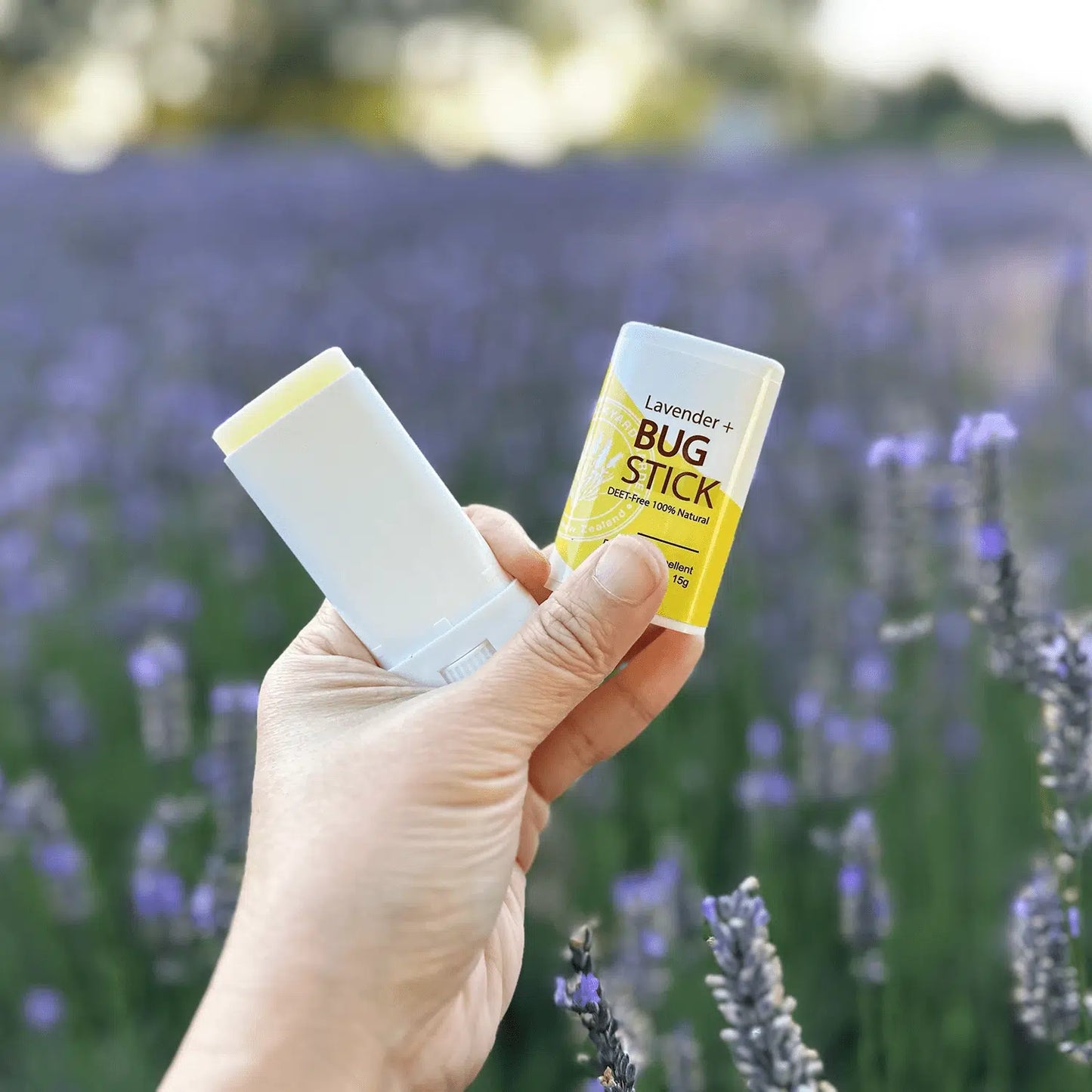 Open lid of lavender insect repellent balm, revealing its texture, held against a vibrant purple lavender field backdrop at Lavender Backyard Garden, NZ.