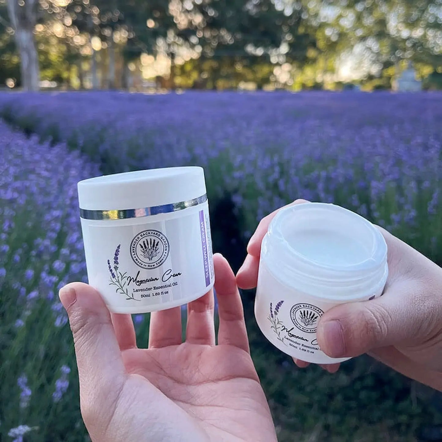 Lavender Magnesium Sleep Cream-Face Moisturizer with blooming lavender background at a New Zealand lavender farm.