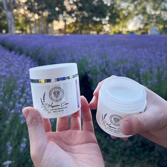 Lavender Magnesium Sleep Cream-Face Moisturizer with blooming lavender background at a New Zealand lavender farm.