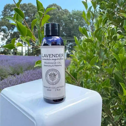 Lavender massage oil for relaxing and balancing, displayed against a background of camellia leaves and a lavender field.