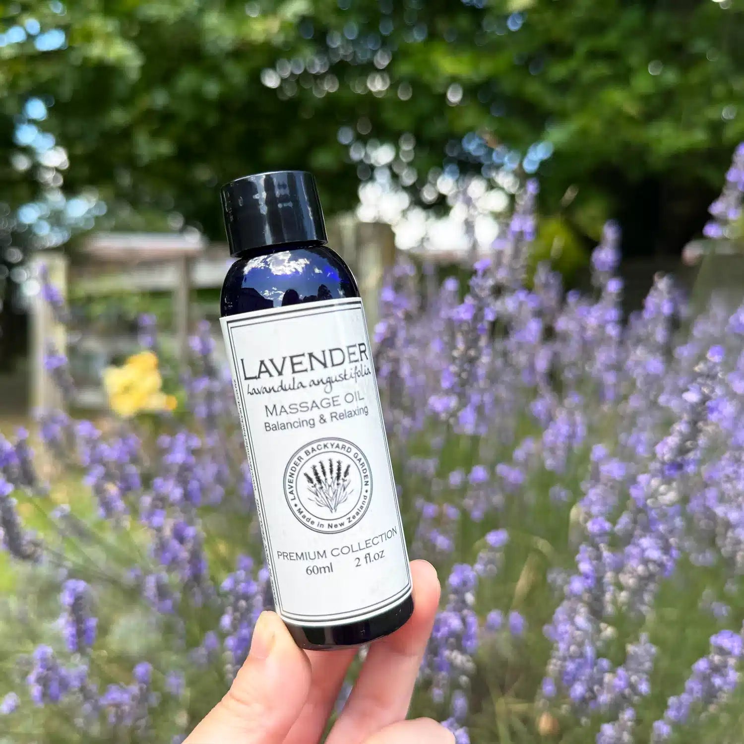 Lavender massage oil, scented by essential oils, held by hand with a farm-themed background and lavender flowers.