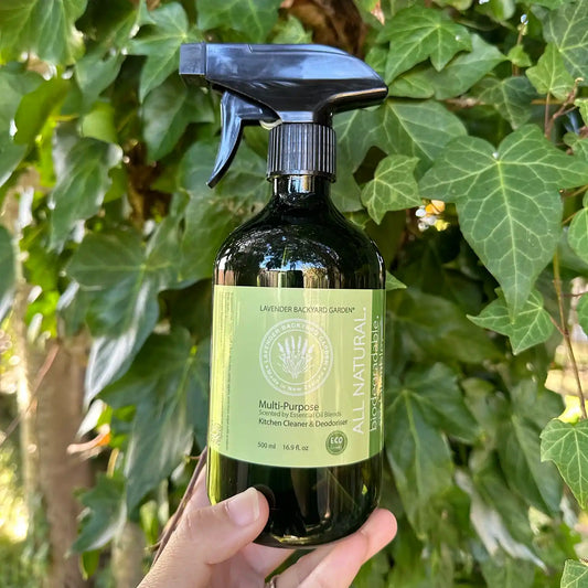 Lavender Multi-Purpose Kitchen Cleaner - Enzyme Based bottle with ivy in the background, highlighting its natural and powerful cleaning properties.