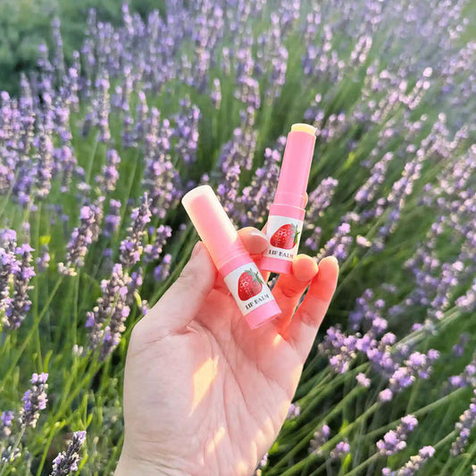 Two natural flavored strawberry lip balms held by hand, one with the lid open to showcase the inner texture of the lip balm, set against the backdrop of a lavender field at Lavender Backyard Garden.