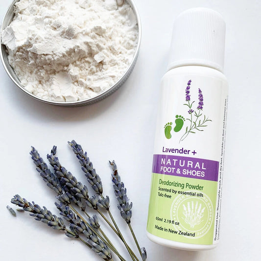 Natural Foot & Shoe Powder for Smelly Feet, with NZ Lavender Herb Farm dried lavender flowers as decoration, featuring the powder.