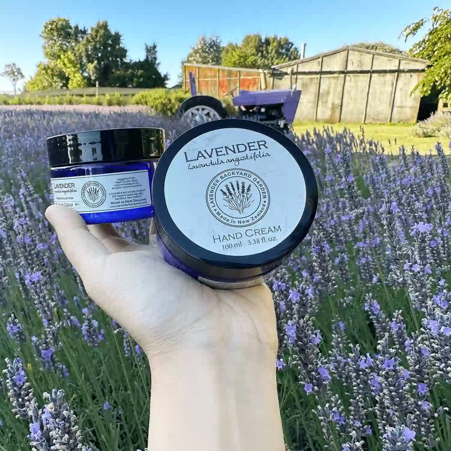 Two pots of lavender hand cream displayed against the scenic view of vibrant purple rows, with a farm shed and purple tractor in the background at Lavender Backyard Garden, NZ.