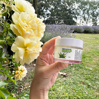 Natural Lavender Aloe Vera Gel Face Massage, held by hand against yellow roses with a background of purple lavender field at Lavender Backyard Garden, New Zealand.