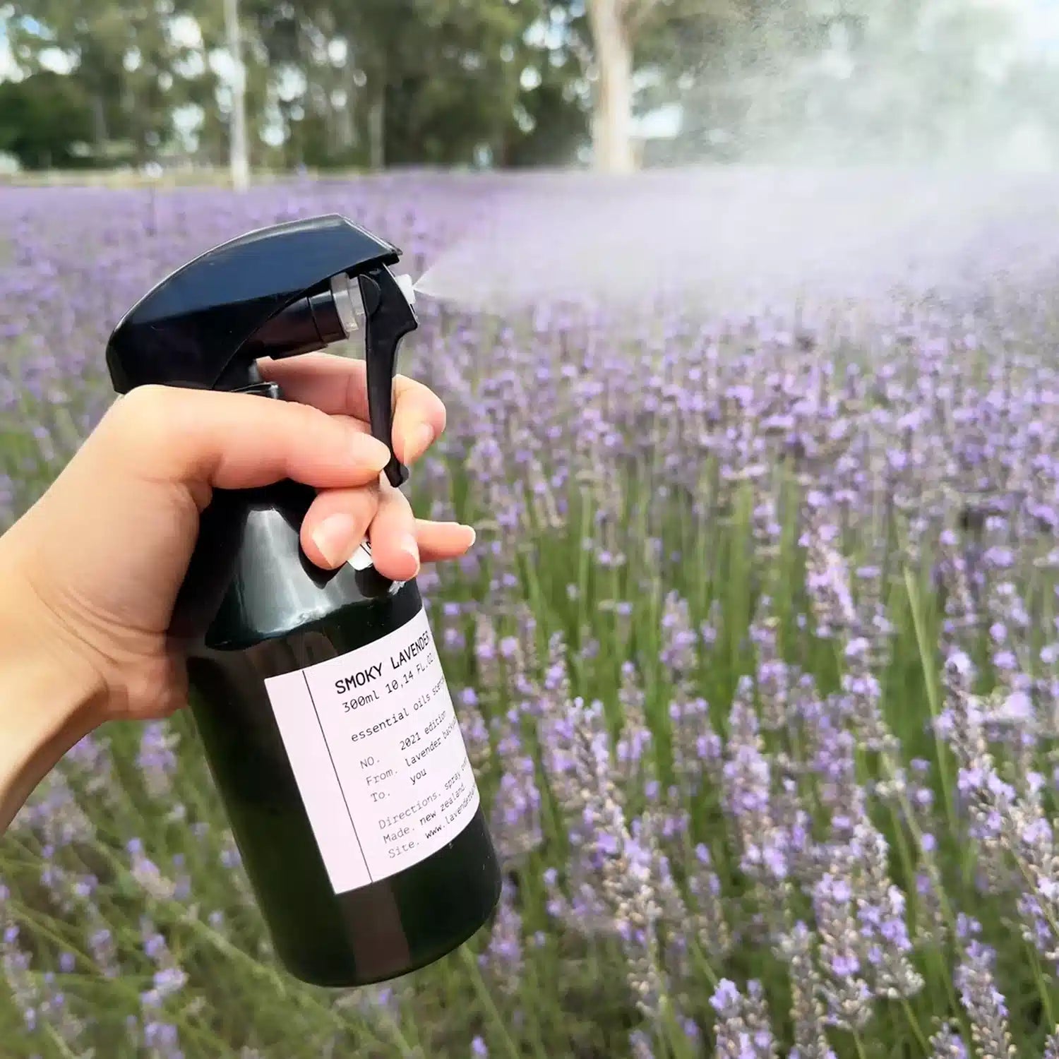 Smoky Lavender Linen Spray, scented by essential oils, held by hand and sprayed in the lavender field at Lavender Backyard Garden, NZ.