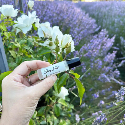 Spicy Natural Perfume: Essential Oil Roller Blend, held by hand against a background of white climbing roses and lavender fields at Lavender Backyard Garden, New Zealand.