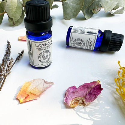 Close-up of two bottles of therapeutic grade lavender essential oil, decorated with dried lavender flowers and eucalyptus leaves, highlighting farm-produced quality, with sunlight reflecting on the bottles.