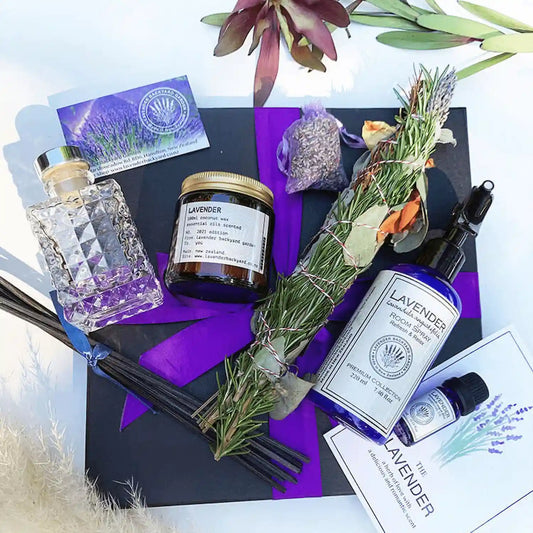 Thoughtful House Warming Gift & Newhome Present, large gift set, featuring herb smudge stick, lavender and mint room spray, reed diffuser, coconut candle, and lavender essential oils from NZ lavender farm, elegantly packaged for a new home celebration.