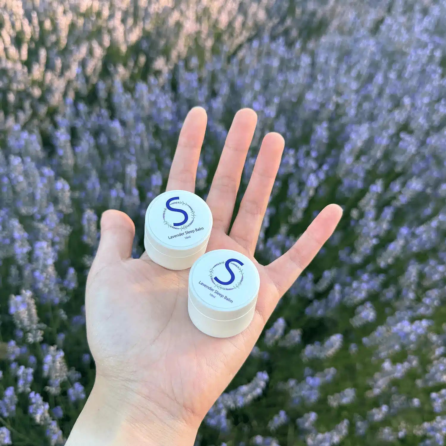 Two pots of Lavender Sleep Balm held by hand against a backdrop of purple lavender blooming.