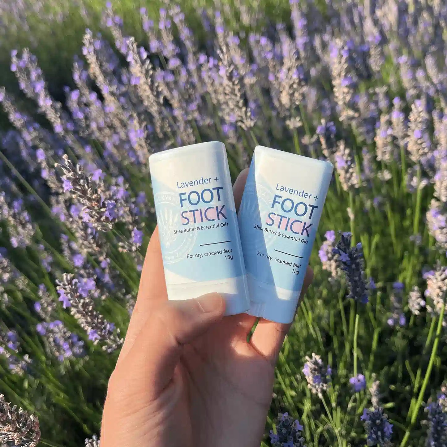 Two lavender foot balms for caring foot, scented by lavender essential oils, held by hand against blooming lavender bushes at Lavender Backyard Garden.