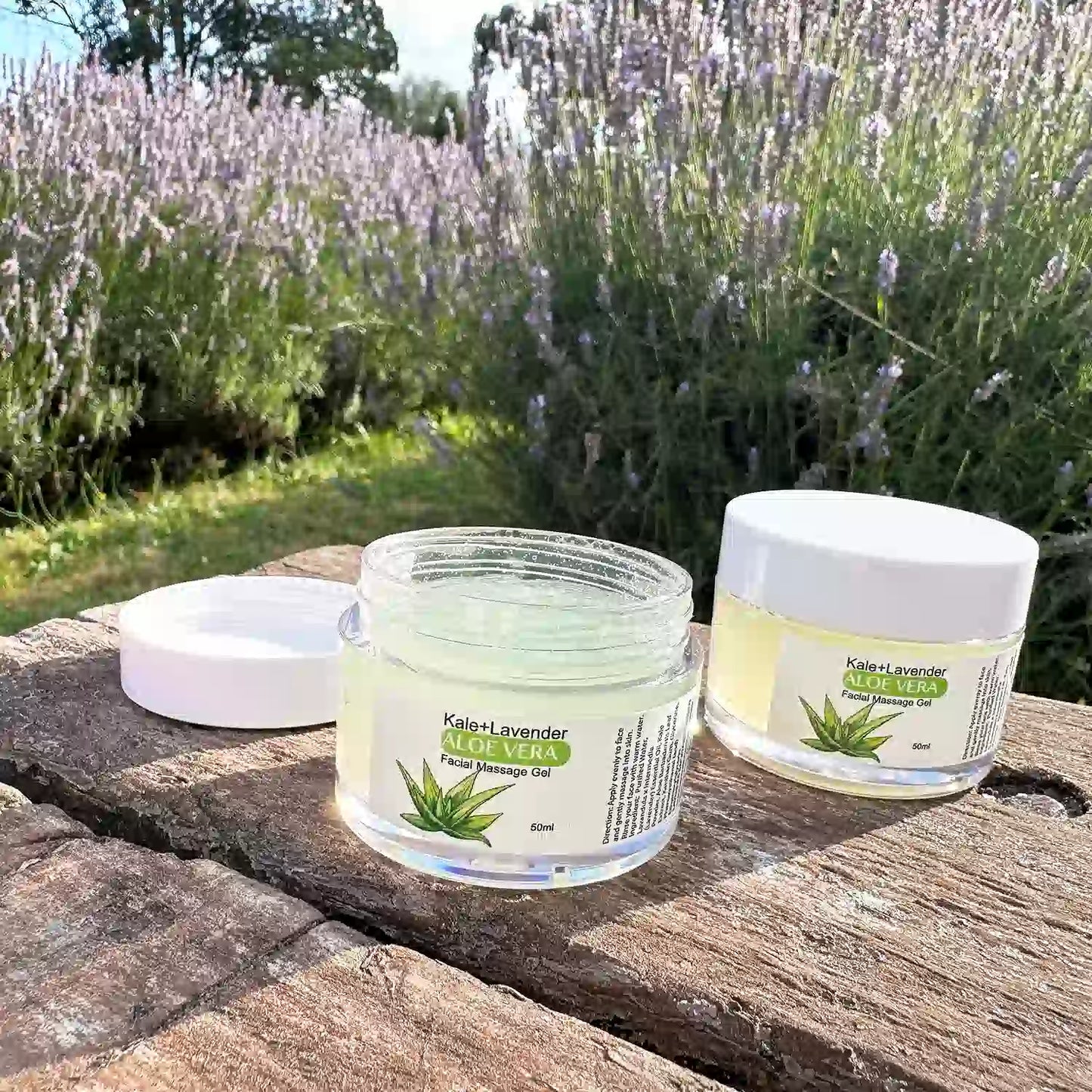 Two pots of Lavender Aloe Vera Face Scrub Exfoliating Facial Massage, placed on a bench with one lid off to feature the inner aloe vera gel texture, against lavender blooming.