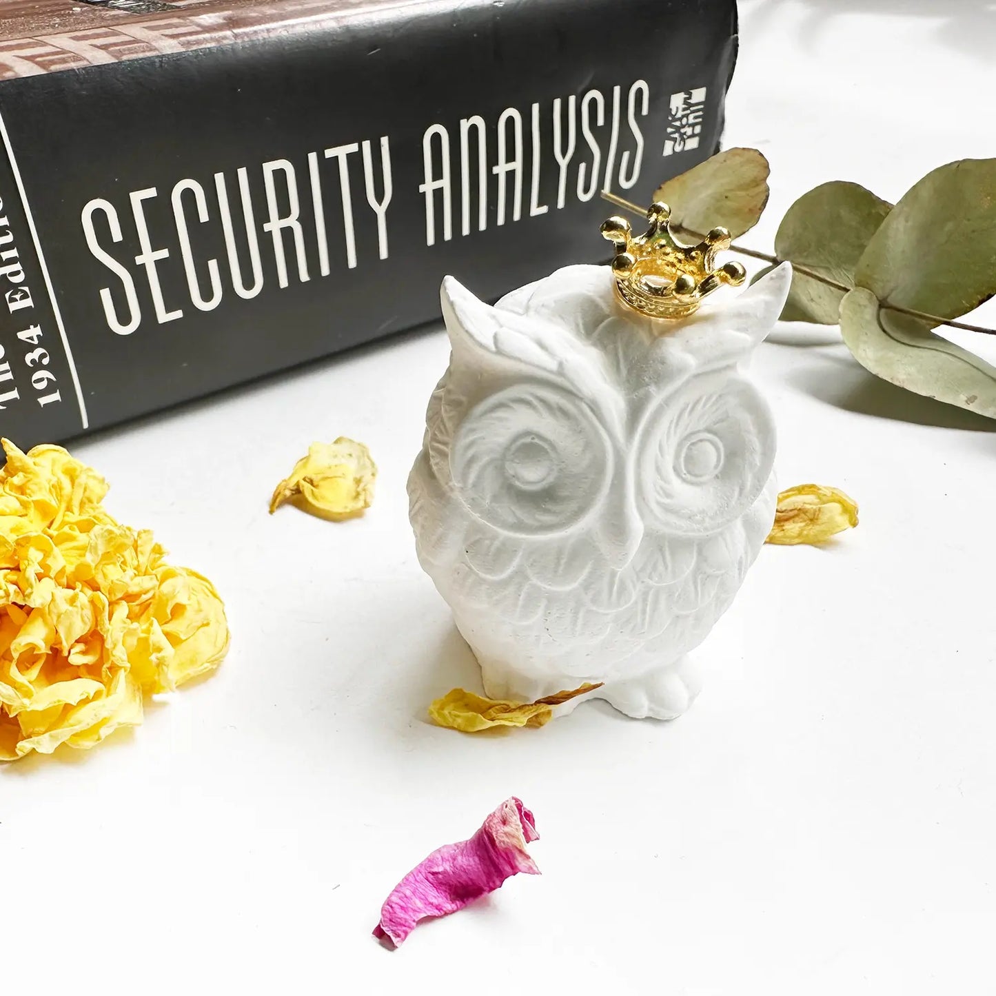 Wisdom Owl Lavender Aroma Stone Diffuser with a background of a book, dried rose, and eucalyptus leaves as decoration.